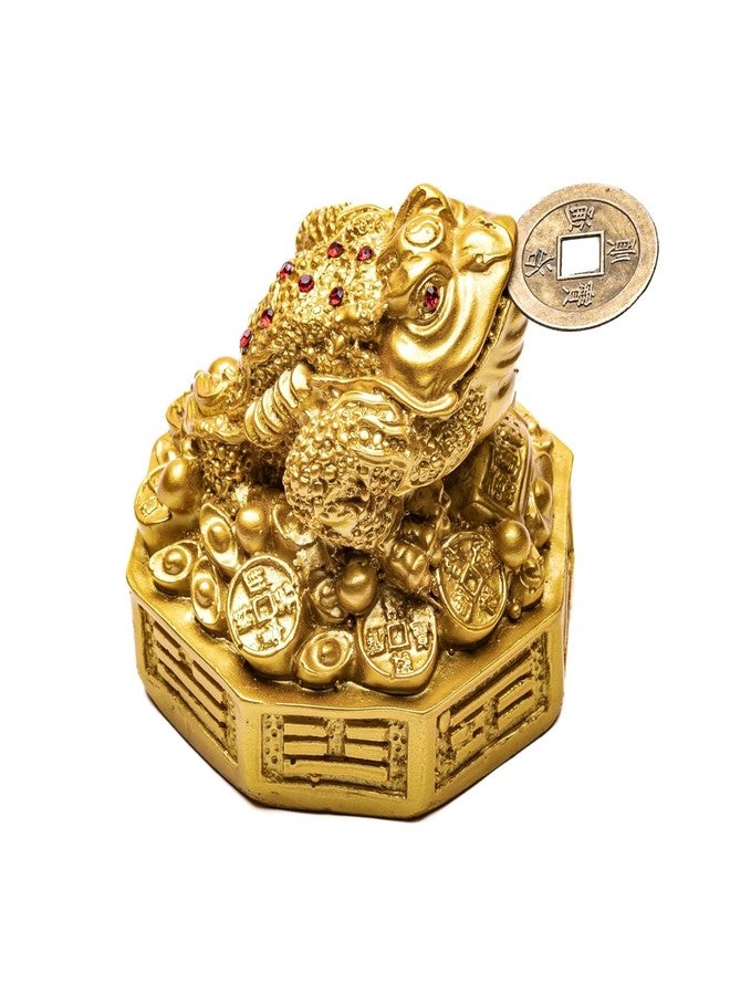 Plus Value Feng Shui Lucky Three Legged Money Frog with Coin in Mouth Toad Good Luck, Wealth, Prosperity, Success, Happiness, Positivity Home Office Decor Gifting (Golden, 3 Inches, Showpiece Statue) - Image 1